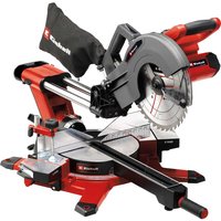 Red and black Einhell cordless sliding compound mitre saw with 254mm blade and dust collection bag.