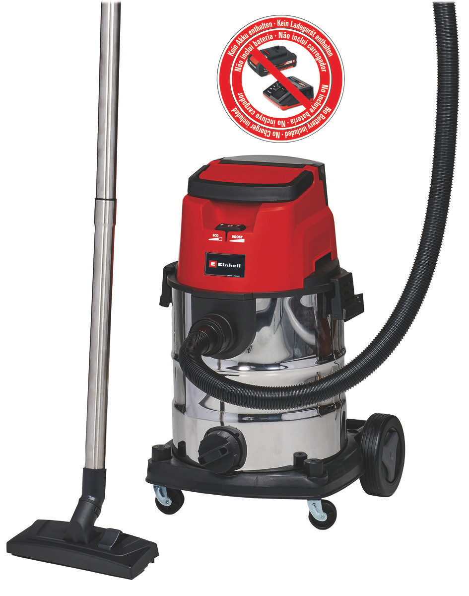 Cordless stainless steel wet and dry vacuum cleaner with a 25L capacity, featuring a red and black design, a flexible hose, and a sturdy handle for easy maneuverability.