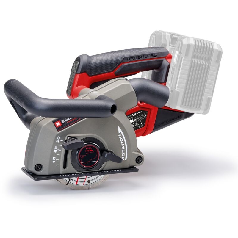 Red and grey wall chaser tool with a brushless motor, featuring a depth adjustment knob, a circular blade, and ergonomic handles for comfortable use.