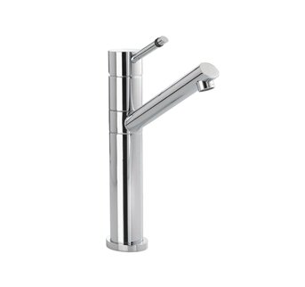 Sleek chrome-finished single lever monobloc tap with a cylindrical body and a modern spout, designed for contemporary kitchens or bathrooms.