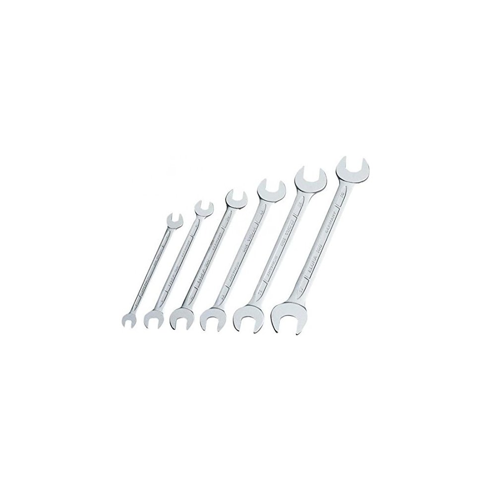 Six-piece long metric open-end spanner set in polished chrome finish, featuring varying sizes with a distinctive open-end design for easy grip and access.