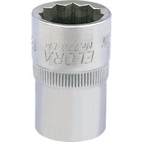 Elora silver bi-hexagon socket, 1/2" square drive, 18mm, with knurled grip and engraved branding.