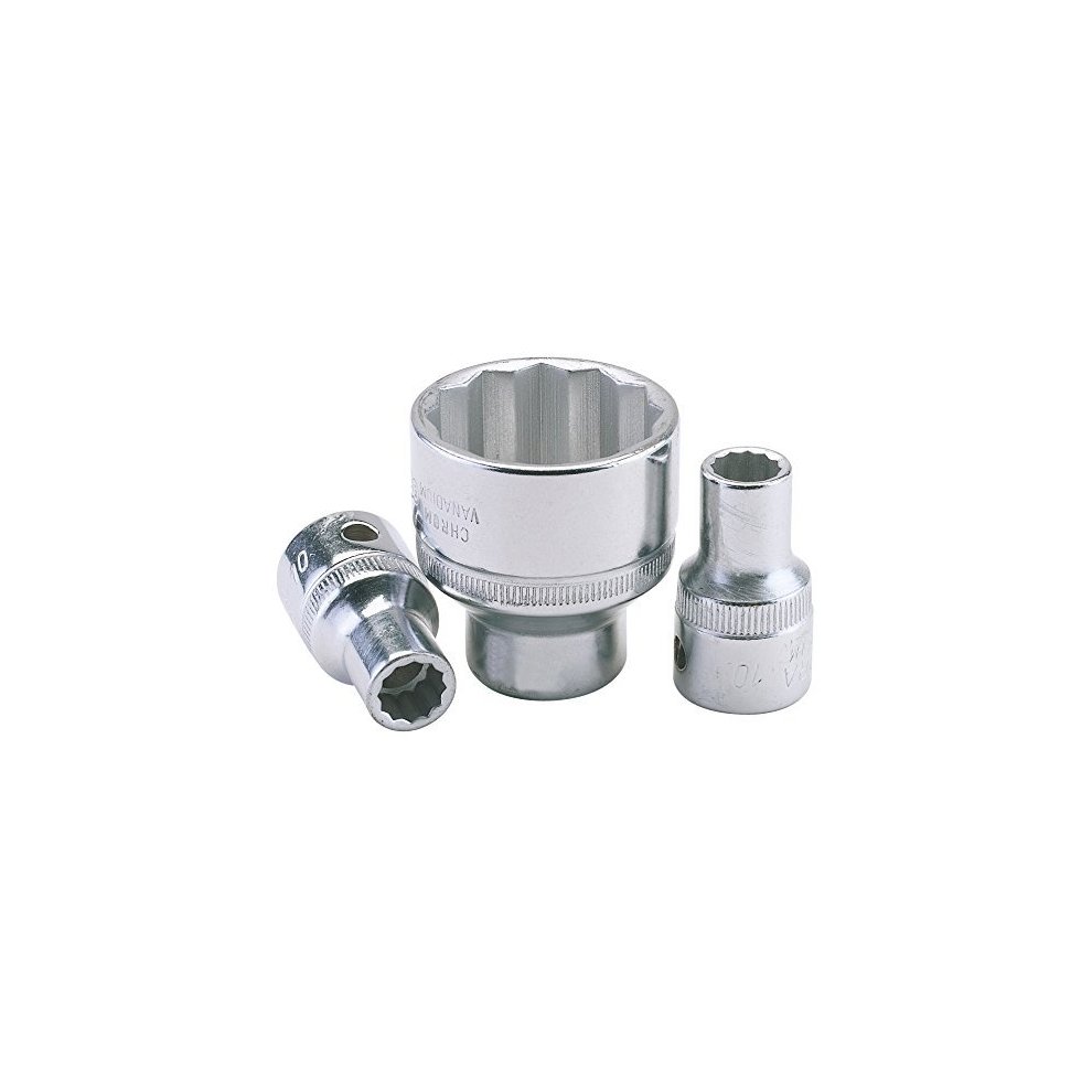 Elora 24690 24mm bi-hexagon socket with a 1/2" square drive, featuring a shiny chrome finish and three distinct sizes for versatile use in automotive and mechanical applications.