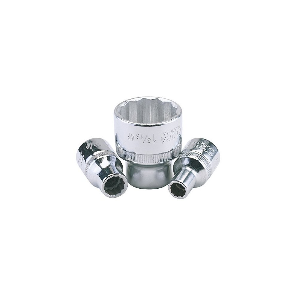 Shiny chrome-finished bi-hexagon socket with a 5/8" size and 1/2" square drive, featuring engraved branding and two smaller sockets beside it.