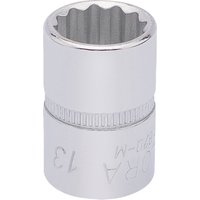 Elora Bi-Hexagon Socket, 3/8" Sq. Dr., 13mm, shiny silver finish with engraved markings and ribbed grip.