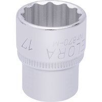 Silver Elora bi-hexagon socket, 3/8" square drive, 17mm, with engraved branding and ridged grip.