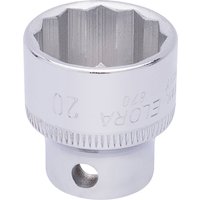 Silver Elora Bi-Hexagon Socket, 3/8" square drive, 20mm, with engraved markings and knurled grip.