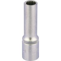 Silver Elora deep bi-hexagon socket, 1/2" square drive, 12mm, with a smooth cylindrical body and ribbed grip.