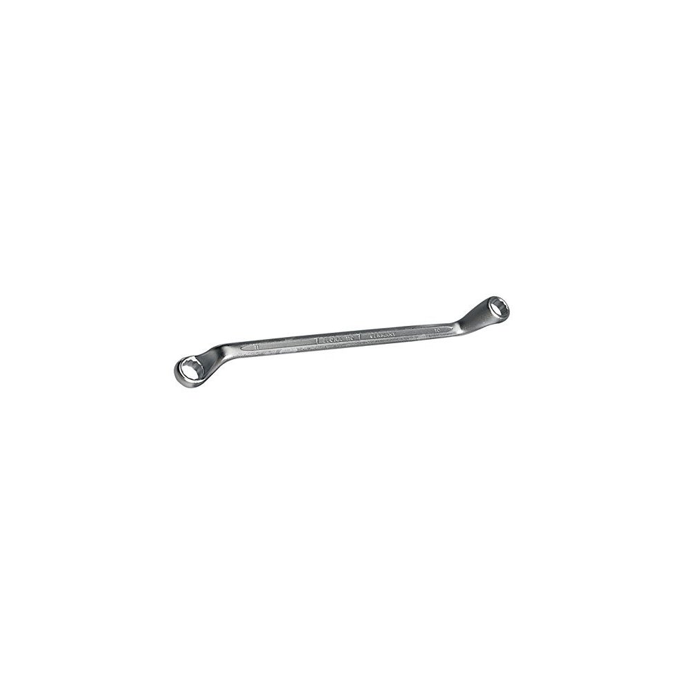Silver 10mm x 11mm deep crank metric ring spanner by Elora, featuring a polished finish and two ring ends for gripping nuts and bolts securely.