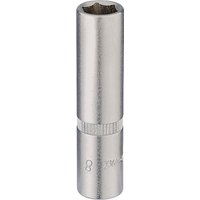 Silver Elora deep socket, 1/4" square drive, 8mm, with a knurled grip section and smooth cylindrical design.