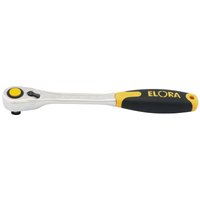Elora reversible ratchet, 1/2" drive, 270mm, silver with black and yellow soft grip handle, fine tooth quick release.