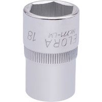 Silver Elora hexagon socket, 1/2" square drive, 18mm, with engraved branding and knurled grip.