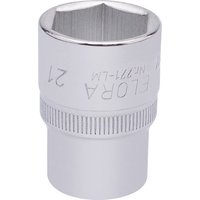 Silver Elora hexagon socket, 1/2" square drive, 21mm, with engraved branding and knurled grip.