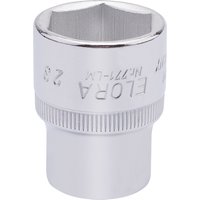Elora 23mm hexagon socket, 1/2" square drive, shiny silver finish with engraved branding and textured grip.
