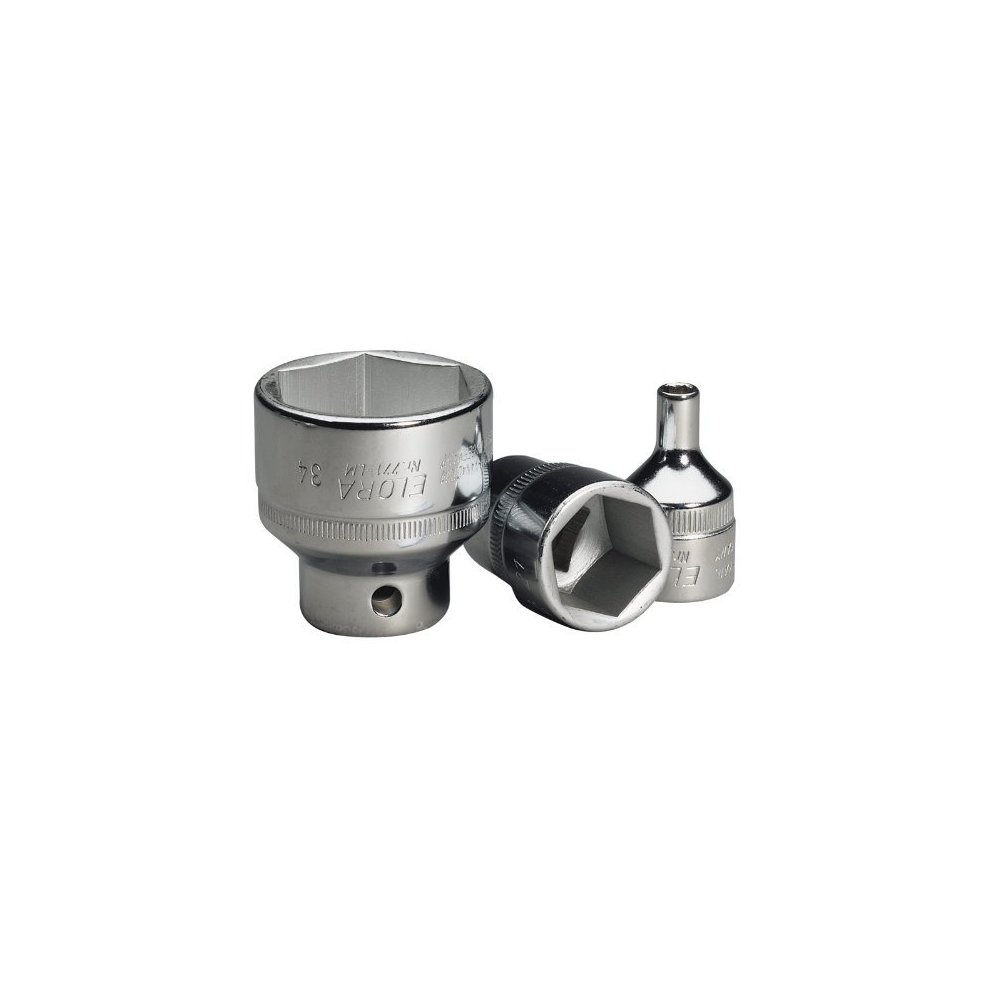 Shiny chrome-finished Elora 15318 29mm 1/2" square drive hexagon socket, featuring a deep socket design and engraved branding for easy identification.