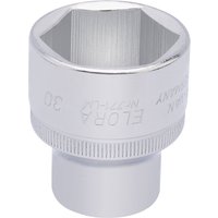 Elora 30mm hexagon socket, 1/2" square drive, silver with engraved branding and knurled grip.