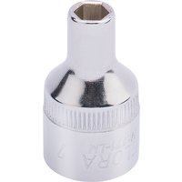 Silver Elora hexagon socket, 1/2" square drive, 7mm, with a polished chrome finish and engraved branding.