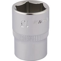 Silver Elora hexagon socket, 1/4" square drive, 13mm size, with engraved markings and a knurled grip.