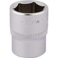 Elora 14mm hexagon socket, 1/4" square drive, shiny silver finish with knurled grip and engraved markings.