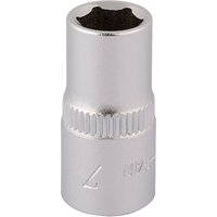 Silver Elora hexagon socket, 1/4" square drive, 7mm, with knurled grip and smooth finish.