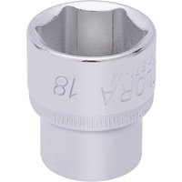 Chrome Elora hexagon socket, 3/8" square drive, 18mm size, engraved with brand and size details.