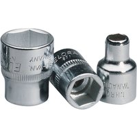 Elora hexagon socket, 3/8" square drive, 6mm, chrome finish with engraved markings and knurled grip.