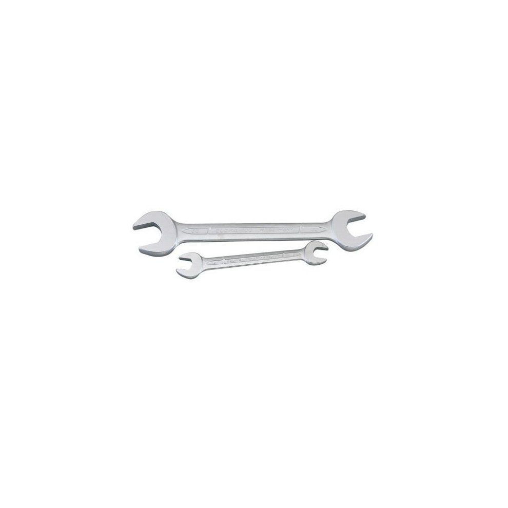 Silver metric double open-end spanner set by Elora, featuring three wrenches with a polished finish, marked with size details, and designed for durability and precision.