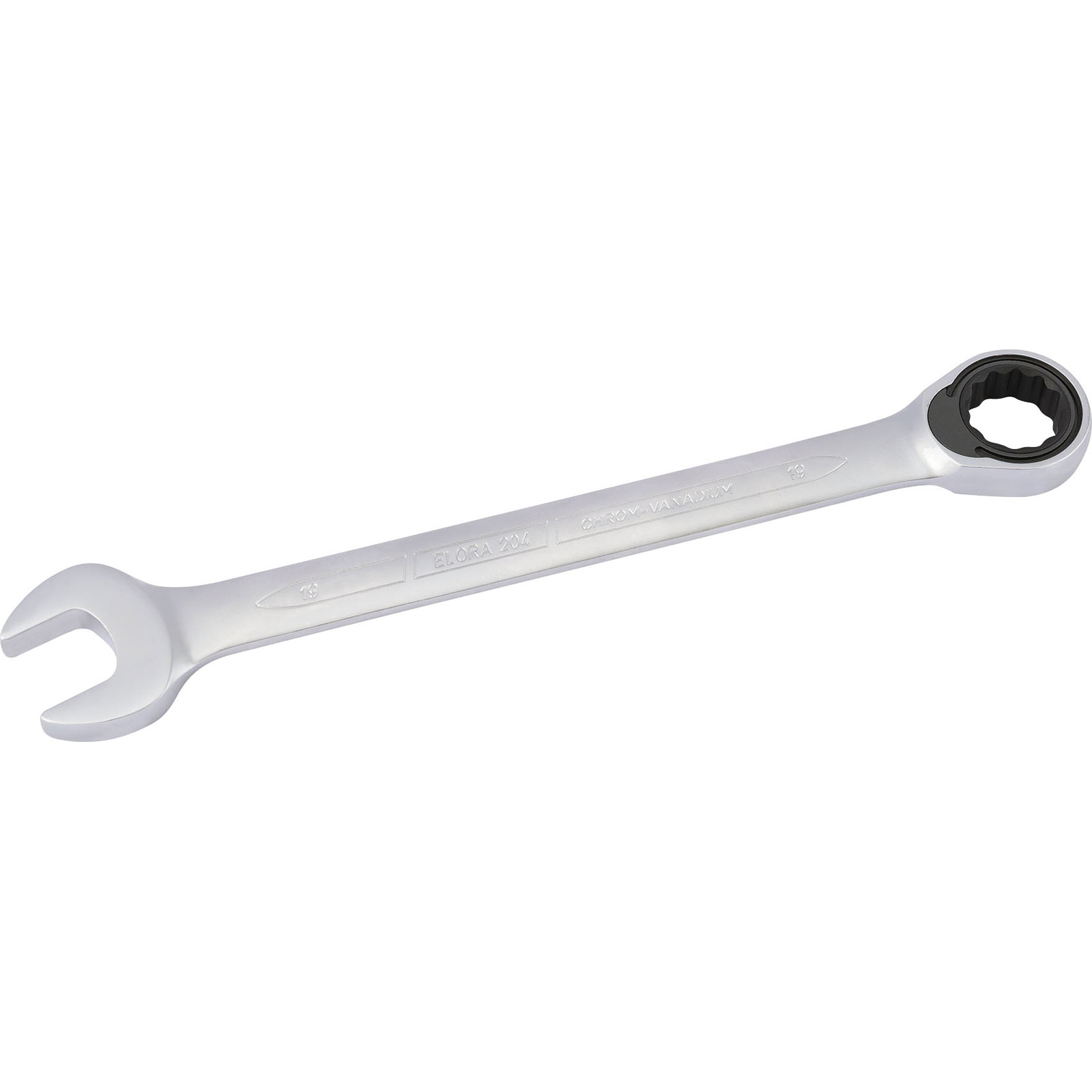 Silver metric ratcheting combination spanner (19mm) with a polished finish, featuring an open end and a black, textured ratcheting socket end for enhanced grip.