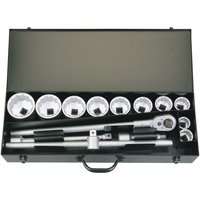 Elora Metric Socket Set, 1" Sq. Dr., 14 pieces in black case with ratchet and extension bars.