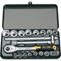 Elora metric socket set, 3/8" square drive, 18 pieces, in black case with ratchet, sockets, and extensions.