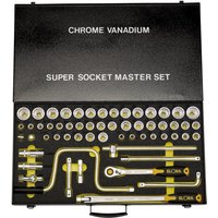 Elora 58-piece socket set with chrome vanadium sockets, ratchets, and extensions in a black case.