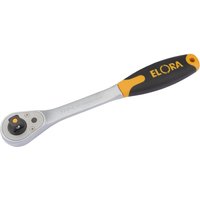 Elora reversible ratchet with silver metal body, black and yellow soft grip handle, and quick release button.