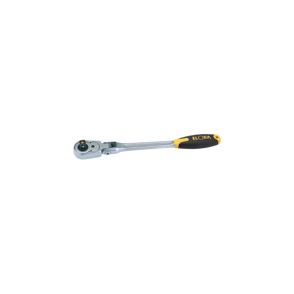Elora 58750 ratchet wrench features a 305mm chrome vanadium steel body with a black and yellow soft grip handle and a quick-release 1/2" square drive mechanism.