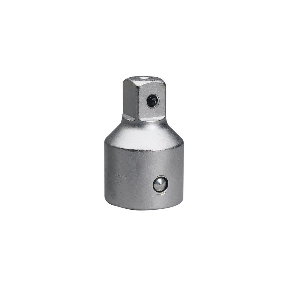 Silver metal socket converter with a 1-inch female end and a 3/4-inch male end, featuring a smooth finish and a small pin for secure attachment.