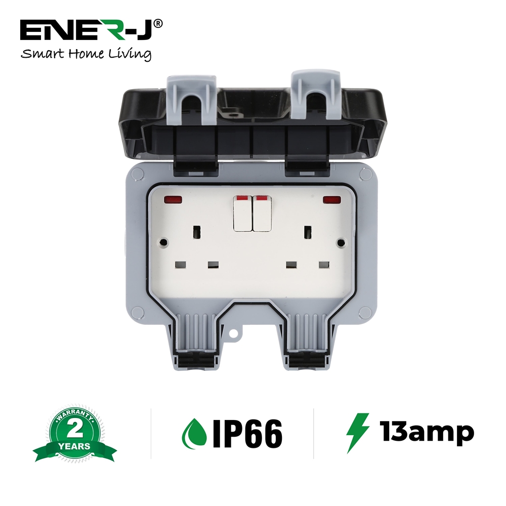 Waterproof Ener-J 13A twin BS sockets in a grey and black casing, featuring a hinged lid, IP66 rating, and two red switch buttons for outdoor use.