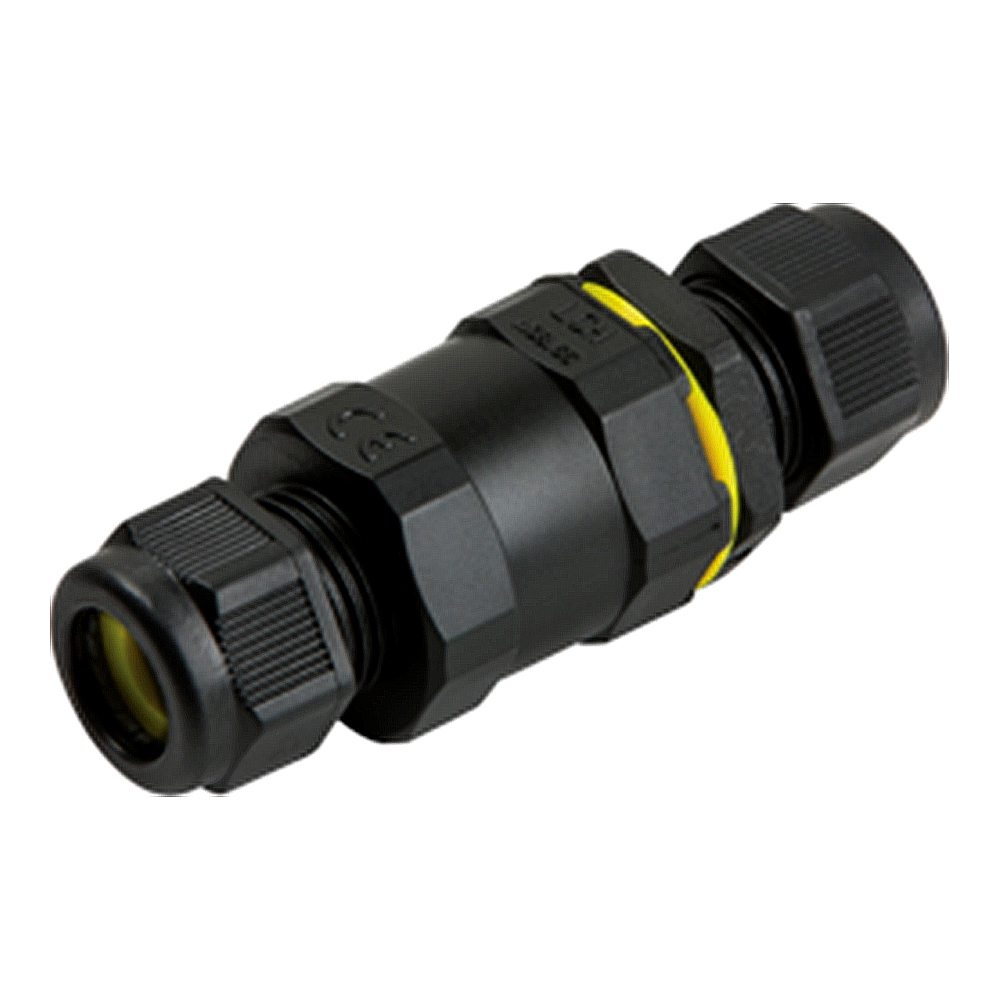 Black waterproof inline connector with yellow accent, featuring threaded ends for secure attachment, designed for IP65 protection, suitable for outdoor electrical connections.