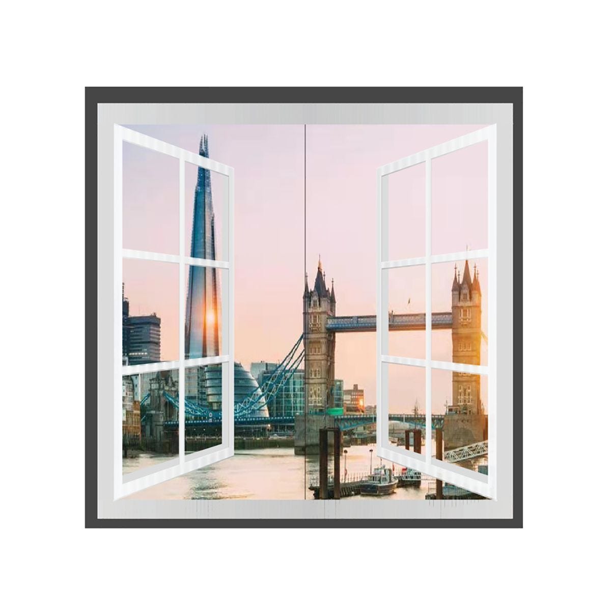 Landscape window panel set featuring a vibrant Tower Bridge design, with a soft pink and blue sky, framed in white, measuring 120 x 60 inches, showcasing a modern urban scene.