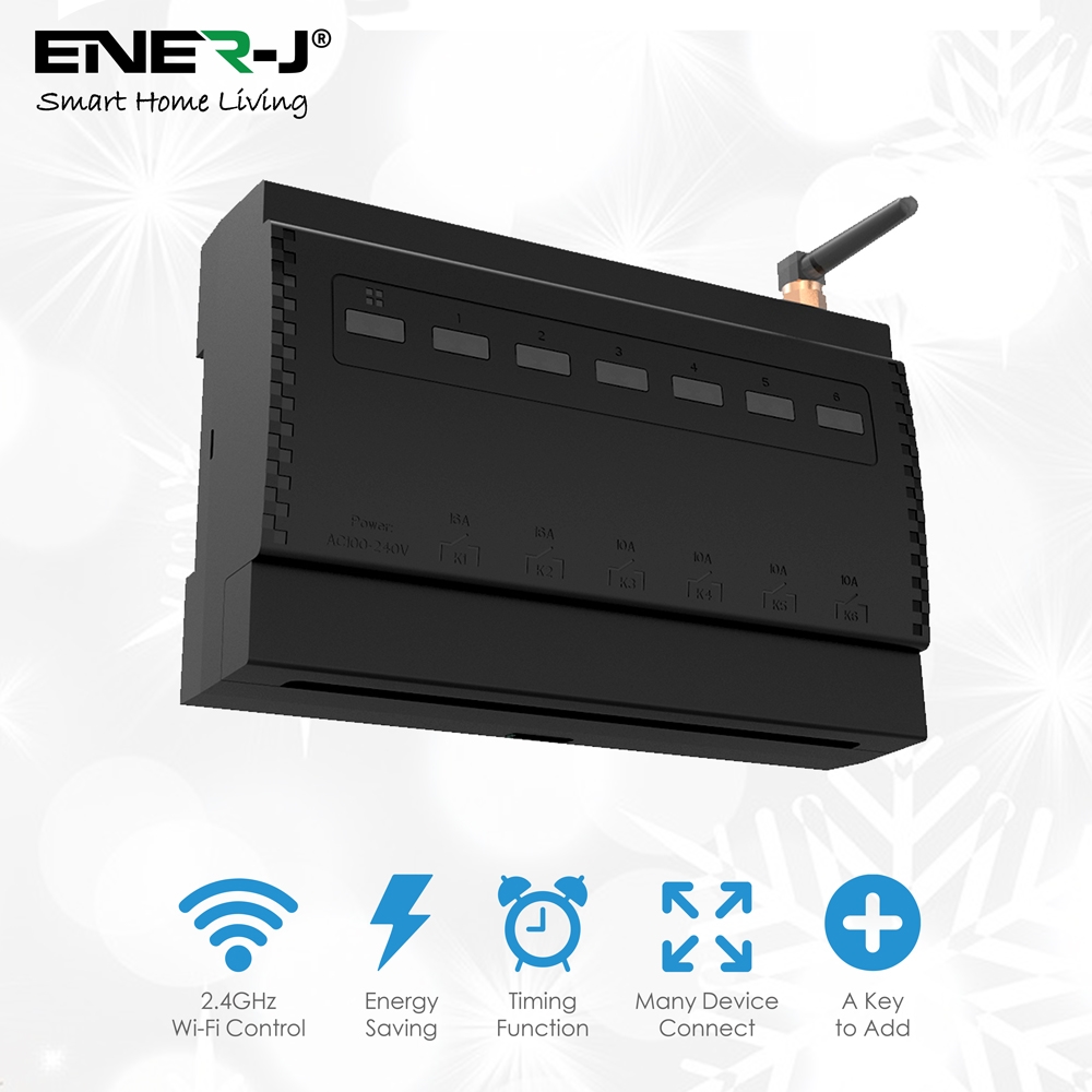 Black rectangular device with six circuit switches, labeled with amperage, featuring Wi-Fi antenna, buttons for control, and icons for connectivity and energy-saving functions.