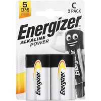 Energizer Alkaline Power C Batteries, 2 Pack, silver with black top, in branded packaging with mascot.