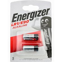Energizer Alkaline Power LR1/E90 Batteries 2 Pack, silver and black, in clear plastic packaging with red accents.