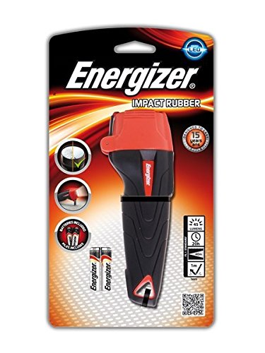 Energizer Impact Torch features a black rubberized body with red accents, showcasing a bright LED light, run time of 18 hours, and includes two AAA batteries in packaging.