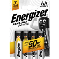 Energizer Max Alkaline Power AA Battery 4 Pack with black and silver design, yellow accents, and mascot on packaging.