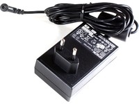 Black Epson power adapter with a two-prong plug, featuring a coiled cord and a rectangular body, labeled with specifications and safety information.