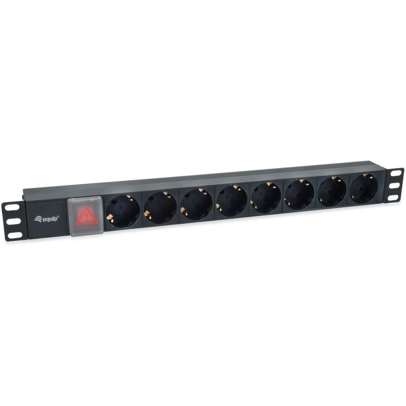 Black 8-outlet power distribution unit with IEC C14 plug, featuring a red power switch and individual sockets for safe power management, designed for rack mounting.