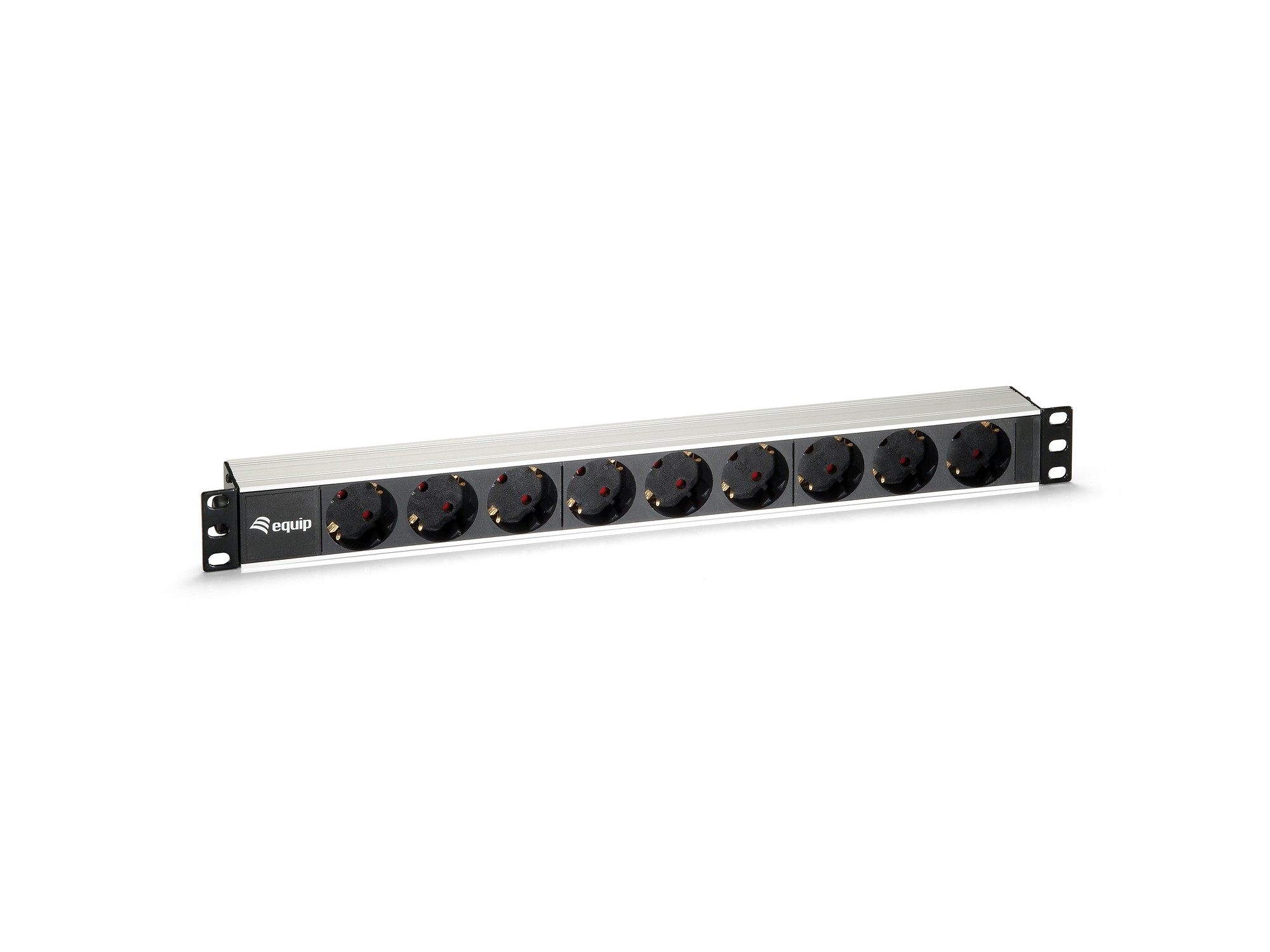 9-outlet power distribution unit with a sleek aluminum shell, featuring black sockets and red indicator lights, designed for efficient power management.