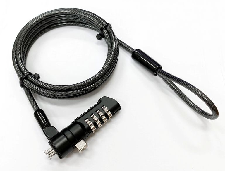 Black cable lock with a flexible steel wire, featuring a combination lock with four dials for setting a custom code, designed for securing items.