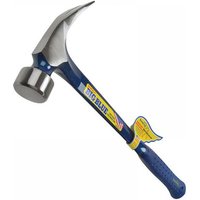 Estwing straight claw framing hammer with blue vinyl grip, polished steel head, and yellow branding label.