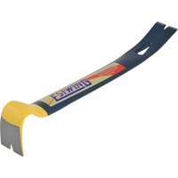 Blue and yellow Estwing Handy Bar with a flat pry end and a curved nail-pulling claw.