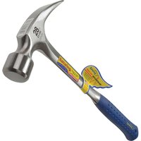 Silver Estwing straight claw framing hammer with blue rubber grip handle and polished steel head.