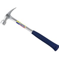 Estwing straight claw hammer with polished steel head and blue shock reduction grip handle.